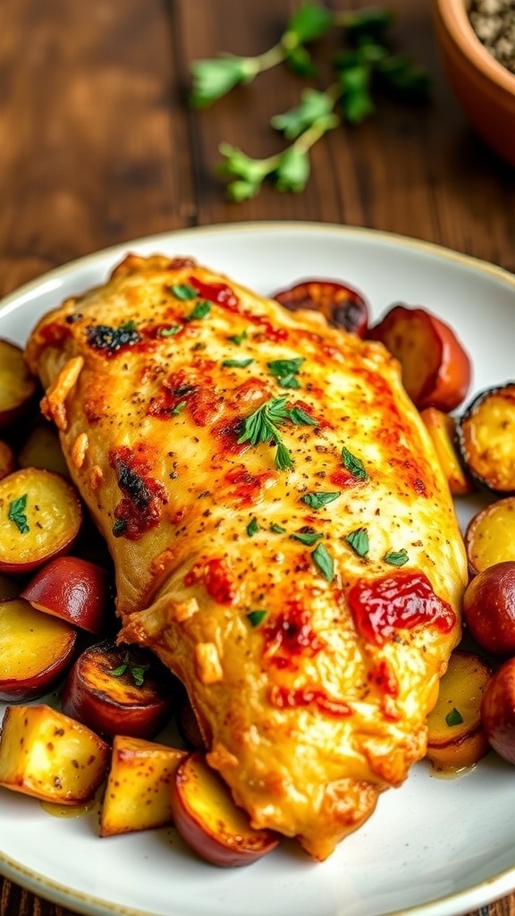 Crispy air fryer chicken breast garnished with herbs, served with roasted vegetables on a rustic table.